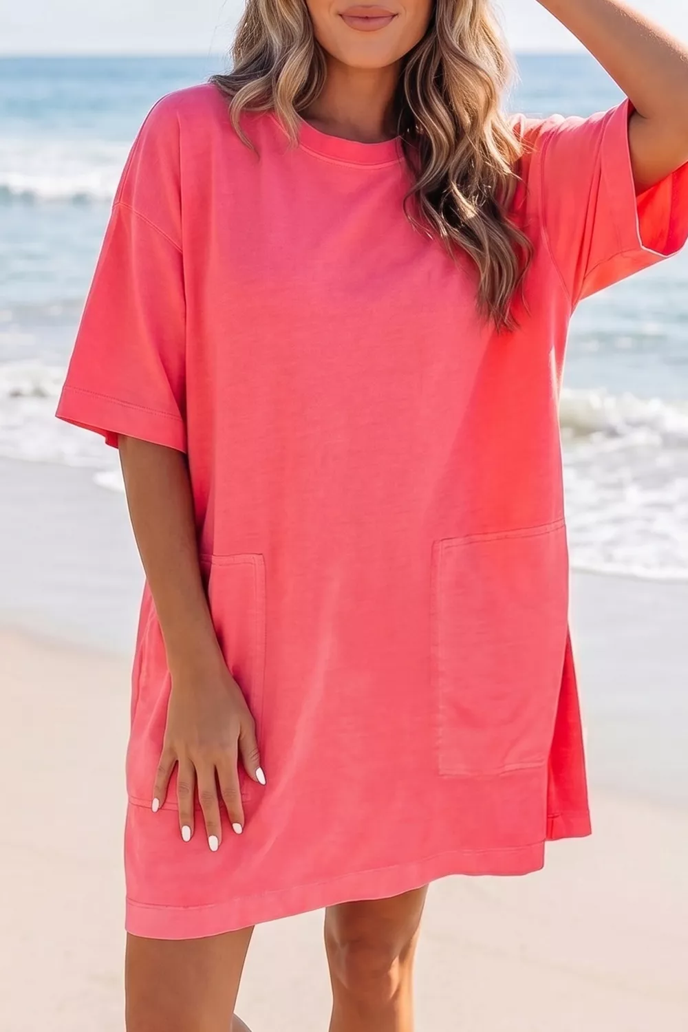Coral Paradise Drop Shoulder Loose Casual T Shirt Mini Dress, image 4