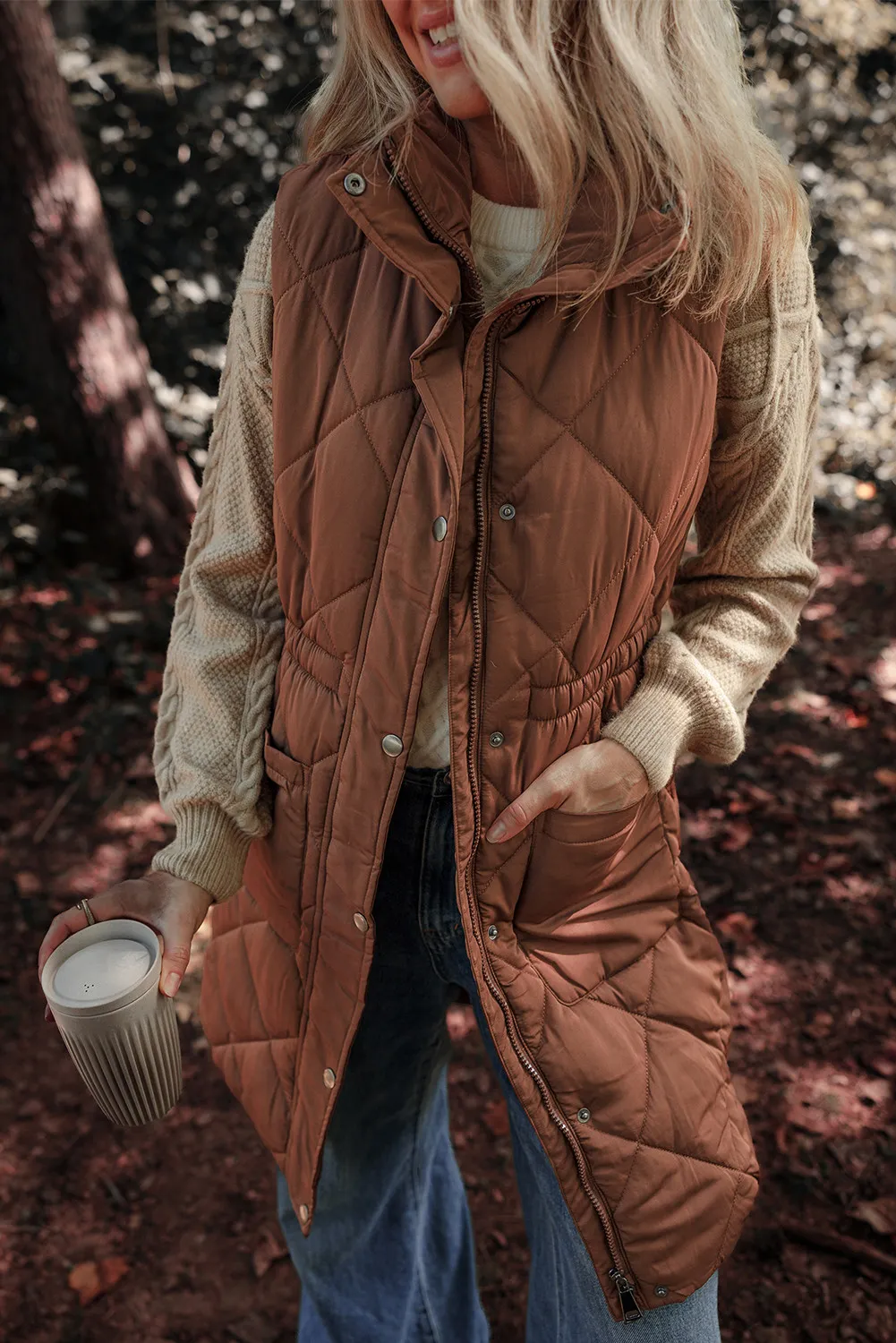 Pocketed Zipper and Button Vest Coat, image 9