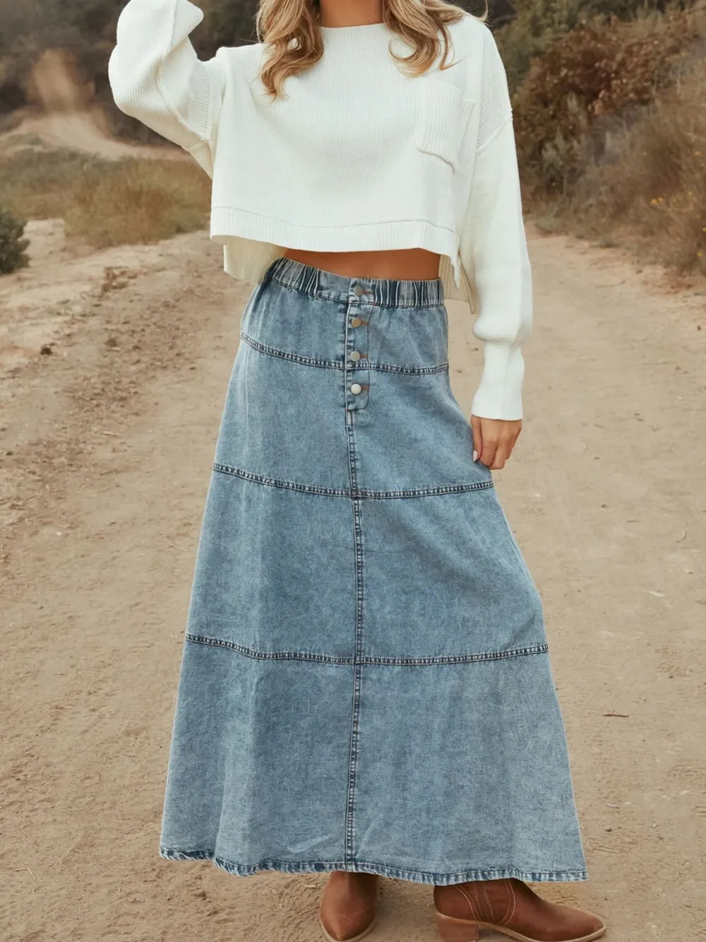 Button-Front Tiered Maxi Denim Skirt, image 3