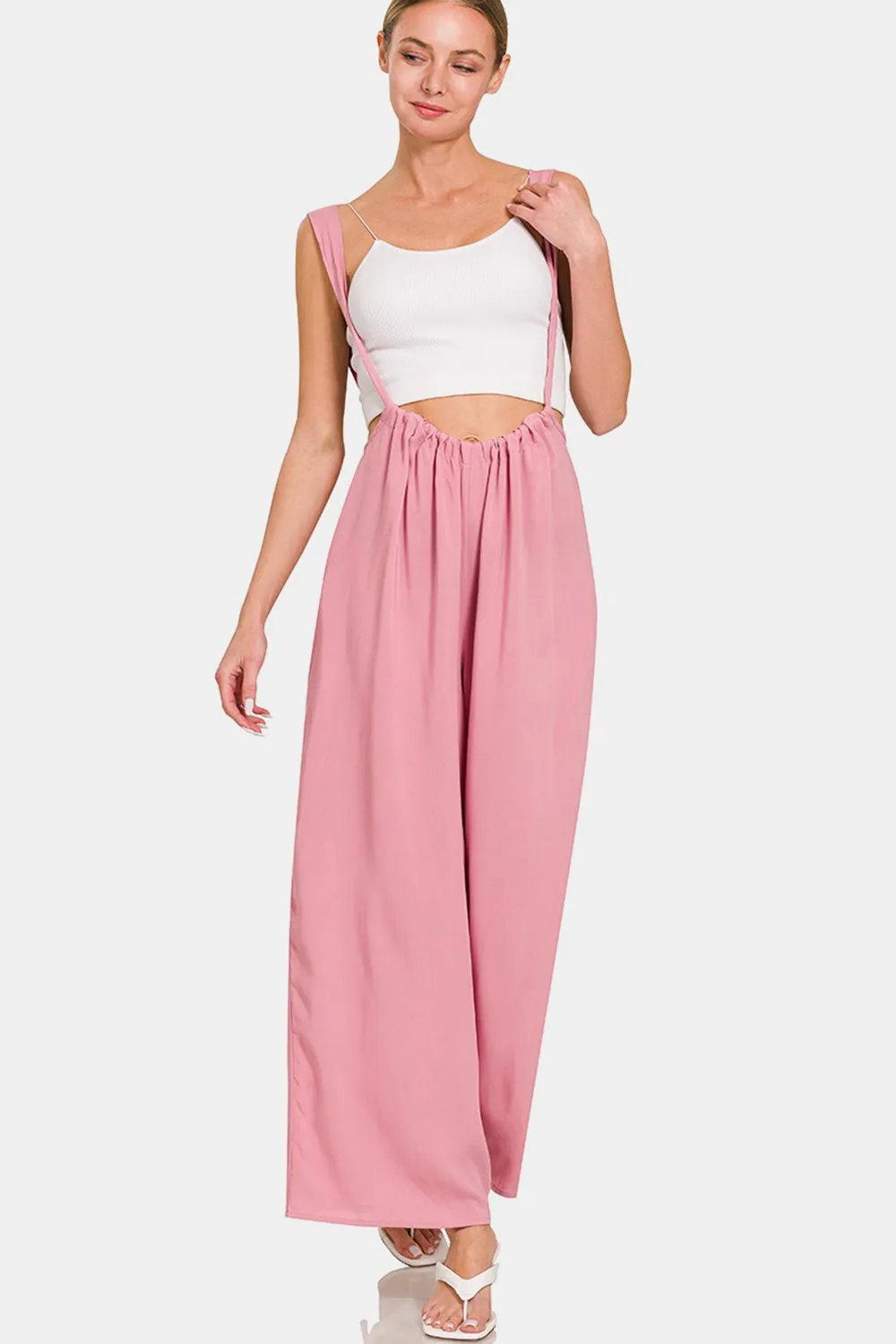 Pocketed Wide Strap Wide Leg Overalls, image 3