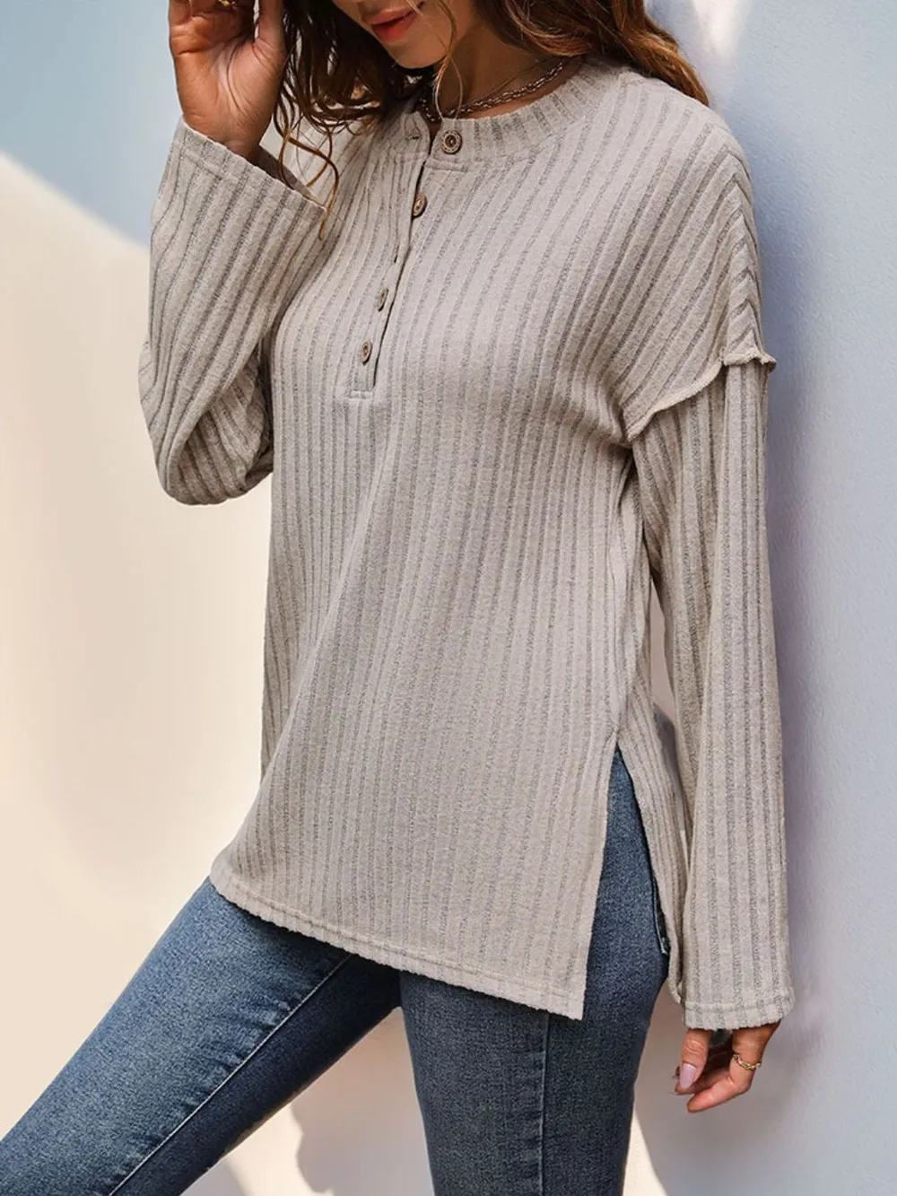 Slit Half Button Long Sleeve T-Shirt, image 3