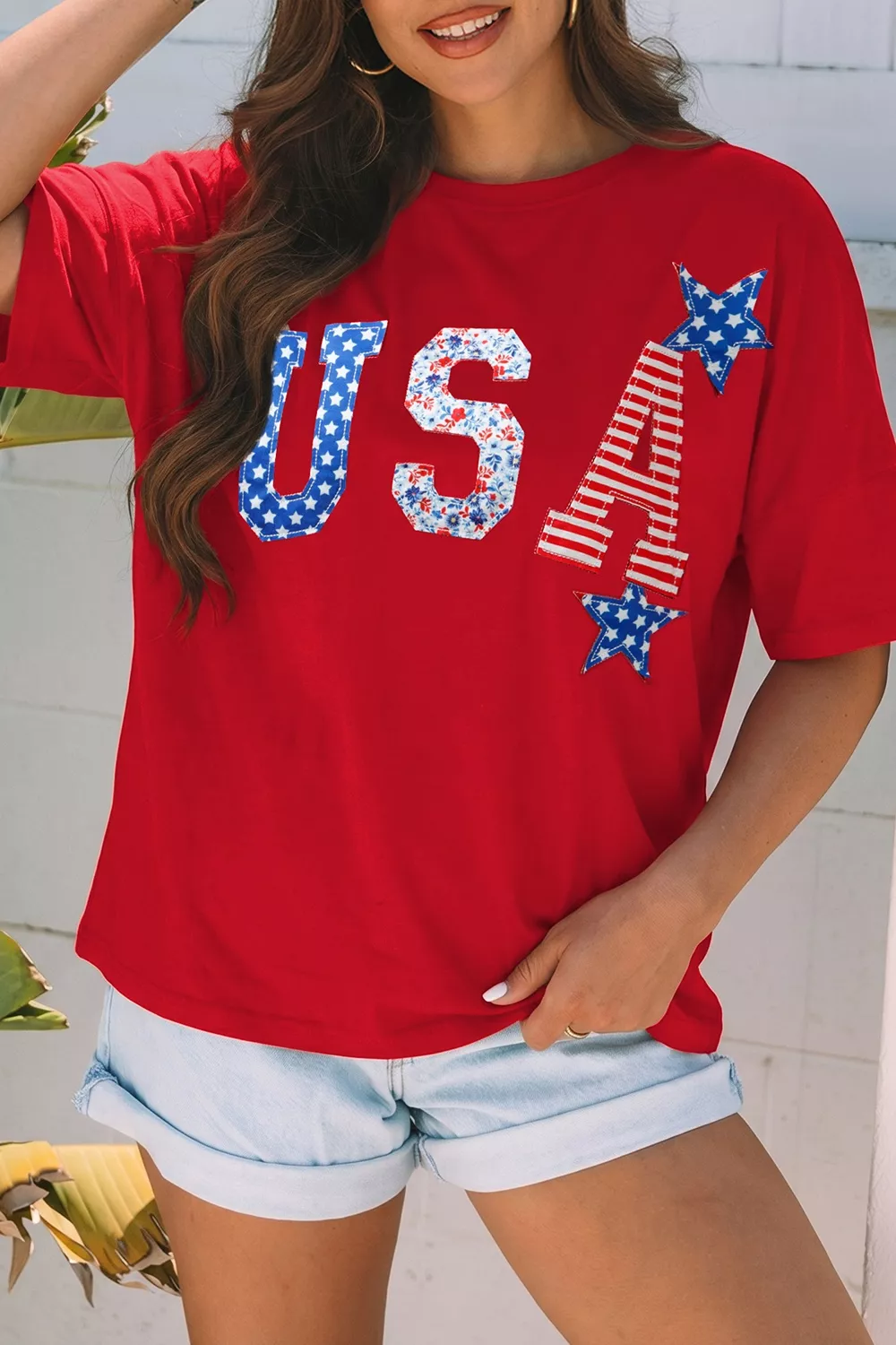 Patriotic USA Slogan Patch Embroidery Short Sleeve T Shirt