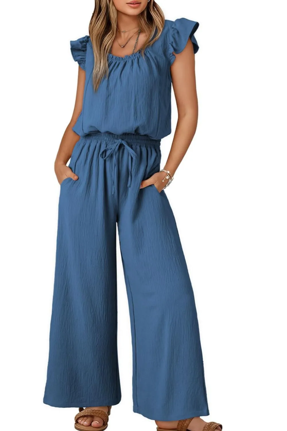 Ruffled Cap Sleeve Wide Leg Jumpsuit, image 28