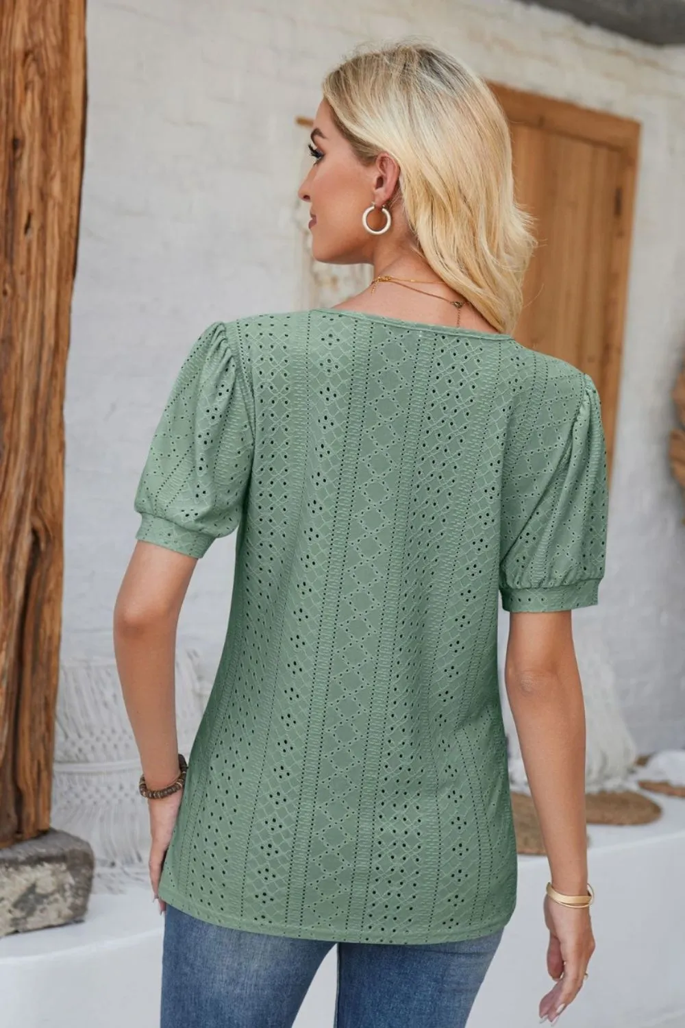 Eyelet Round Neck Short Sleeve Blouse, image 21