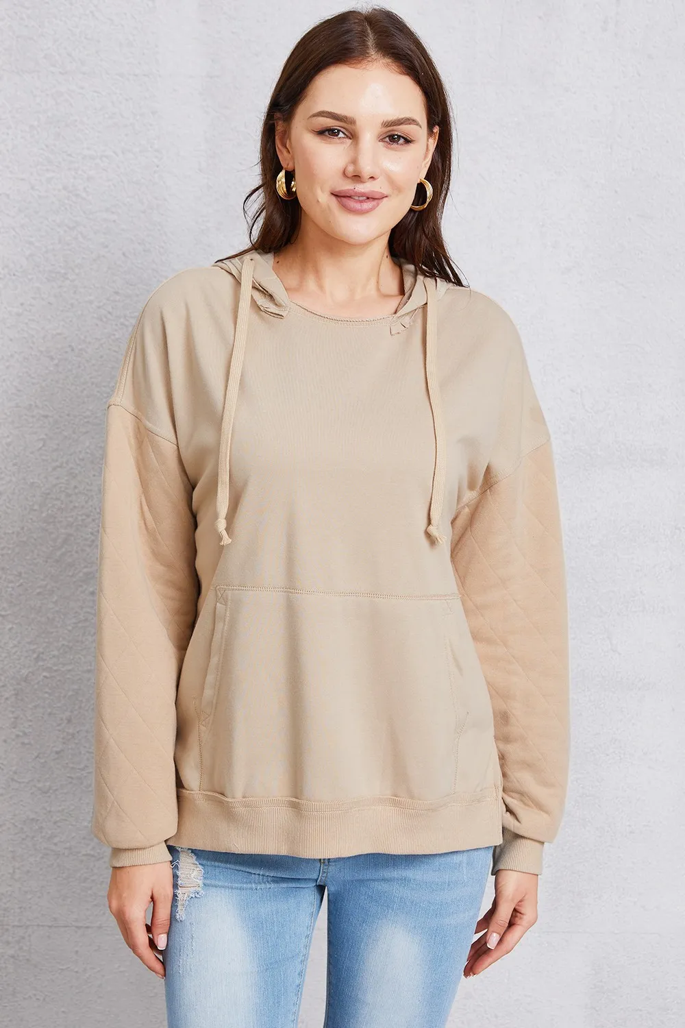Drawstring Kangaroo Pocket Dropped Shoulder Hoodie, image 2