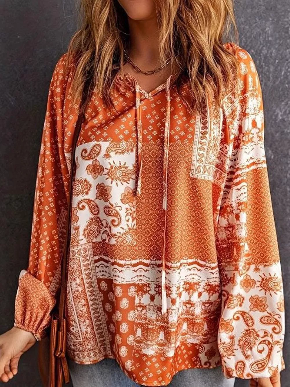 Full Size Paisley Print Tie-Neck Long Sleeve Blouse Plus Size, image 3