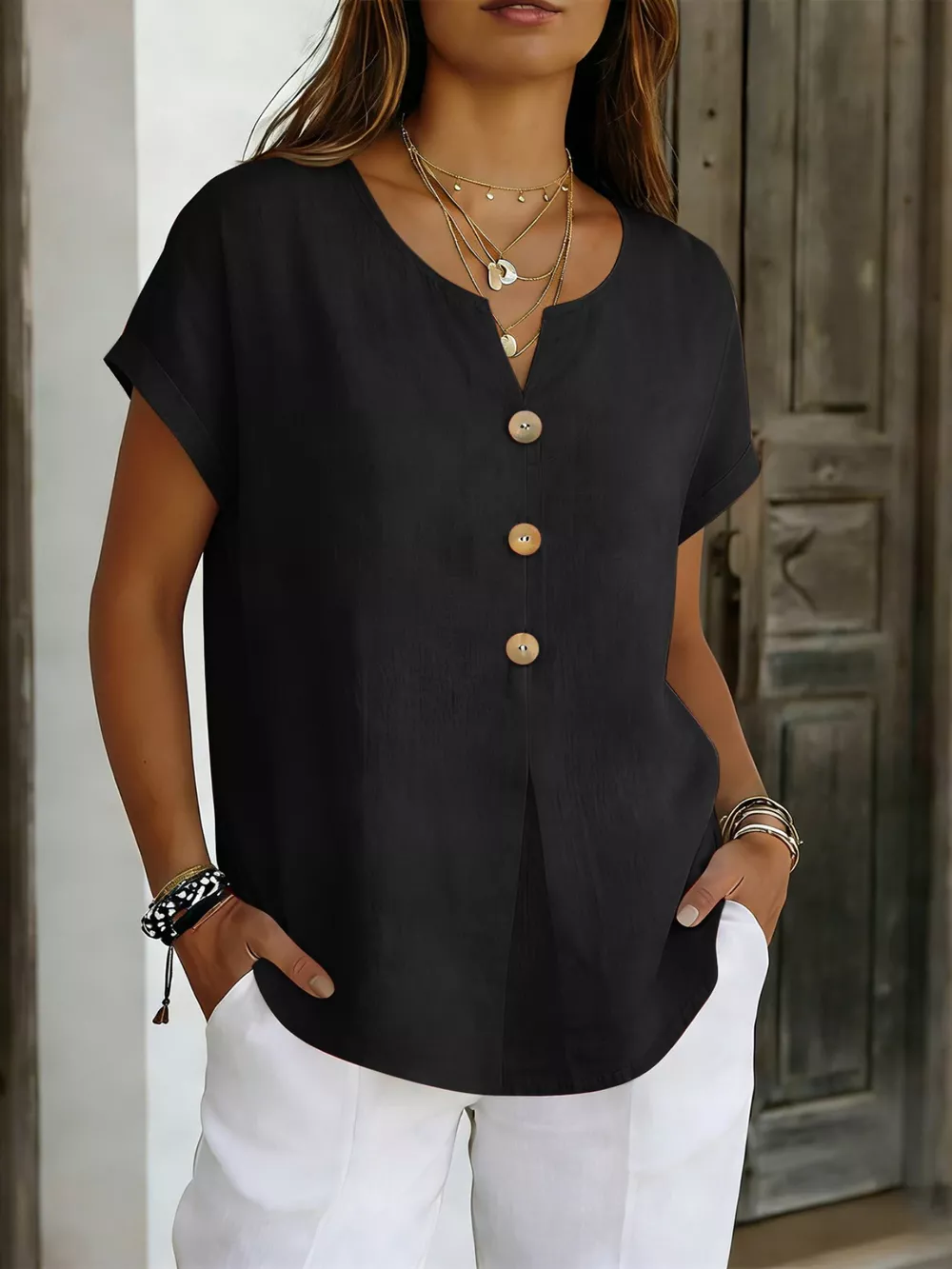 Decor Button Short Sleeve Blouse, image 8