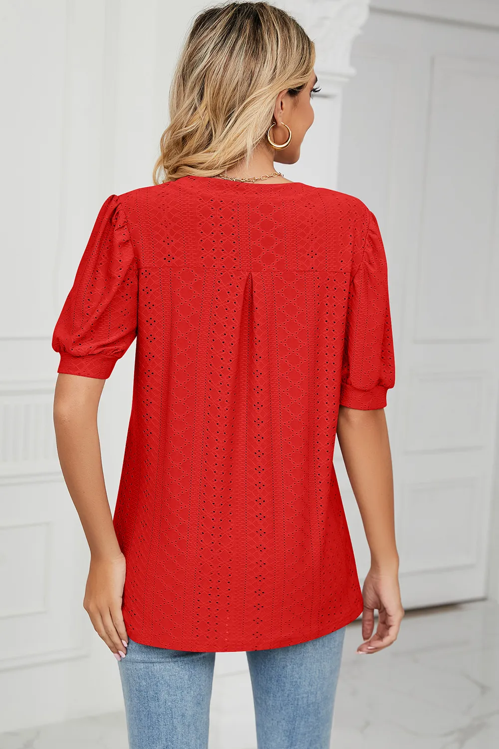 Eyelet Notched Short Sleeve T-Shirt, image 7