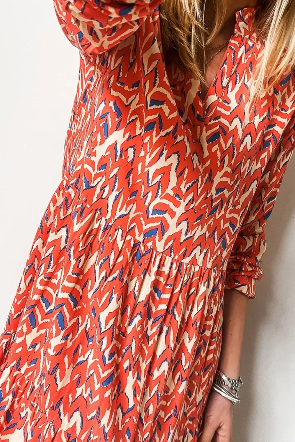 Plus Size Printed Notched Long Sleeve Dress, image 3