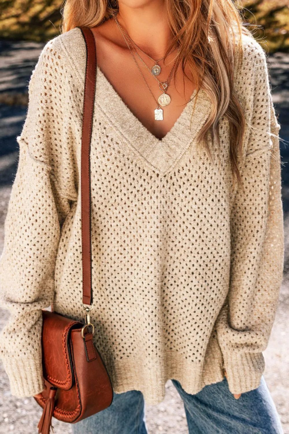 V-Neck Dropped Shoulder Long Sleeve Sweater, image 16