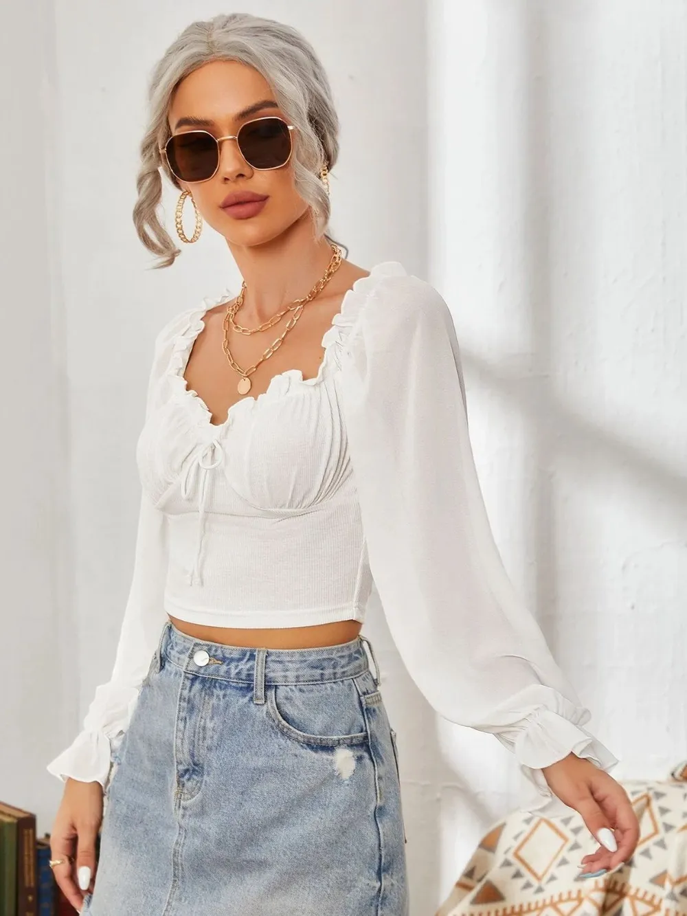 Mesh Sweetheart Neck Flounce Sleeve Top, image 5