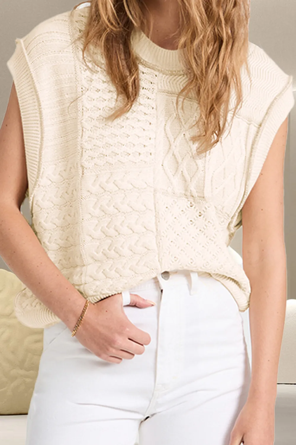 Cable-Knit Round Neck Sweater Vest