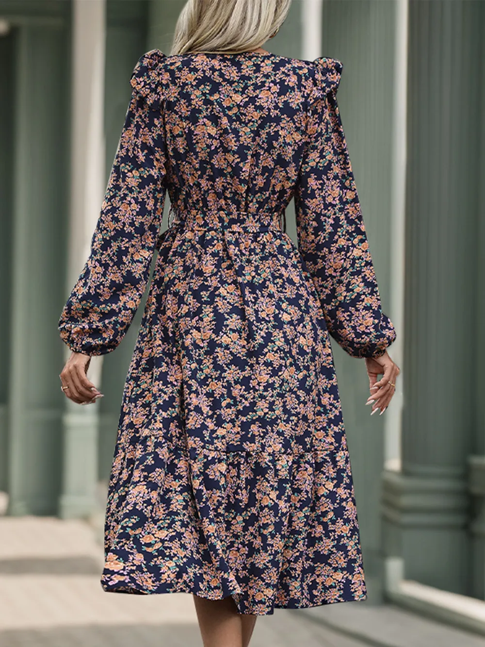 Printed Surplice Long Sleeve Midi Dress, image 5