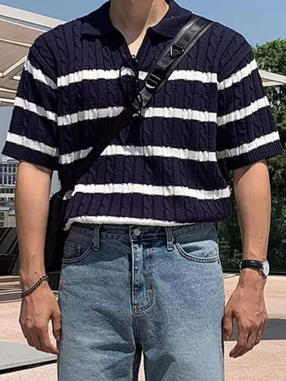 Men's Full Size Striped Short Sleeve Polo Plus Size