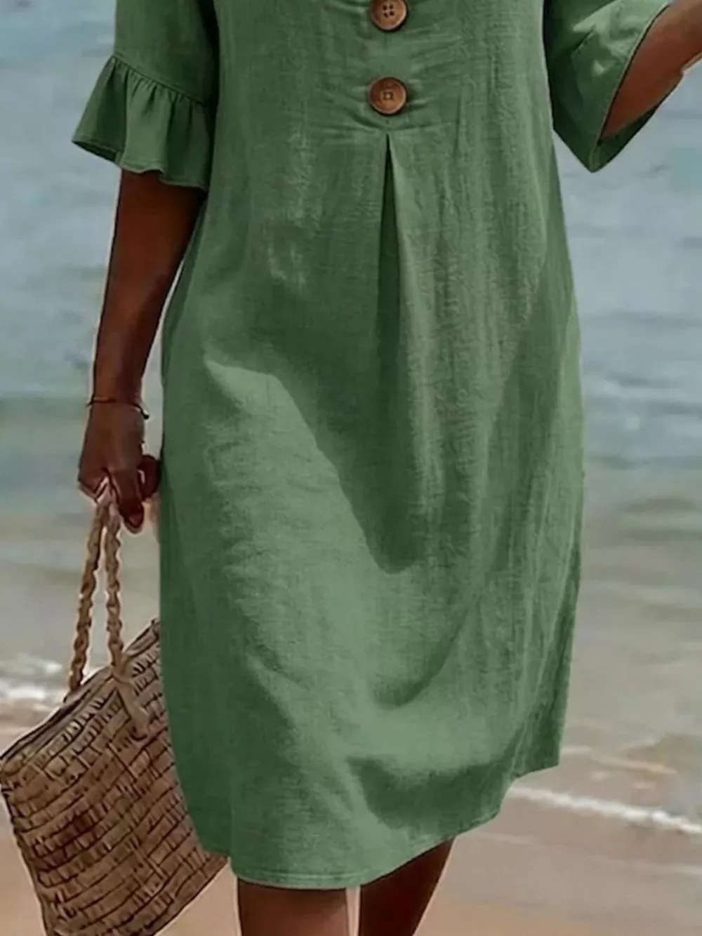 Full Size Button Decor Flounce Sleeve Dress Plus Size, image 10