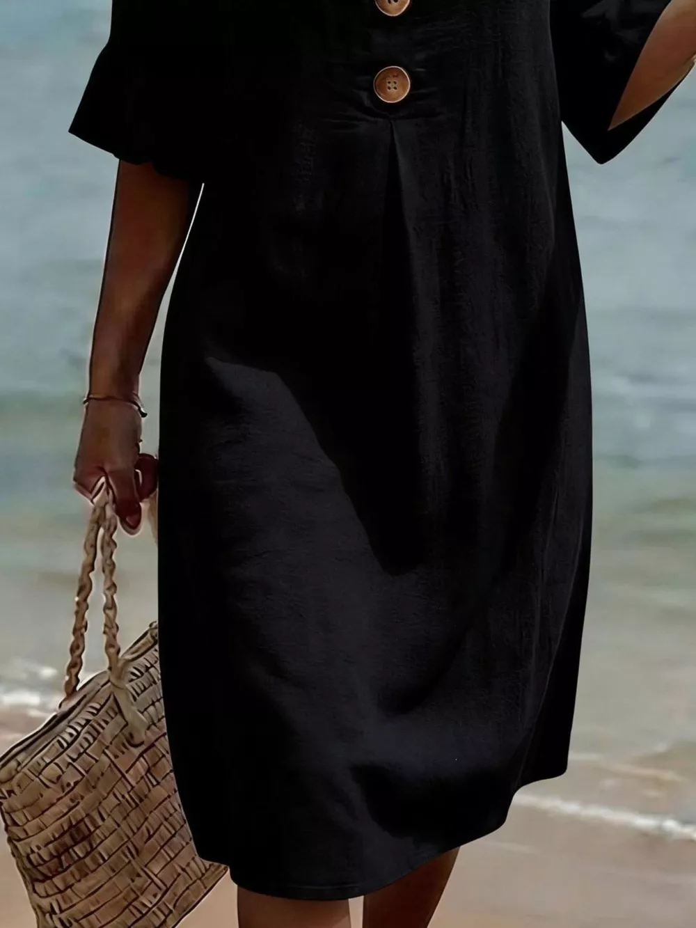 Full Size Button Decor Flounce Sleeve Dress Plus Size, image 5