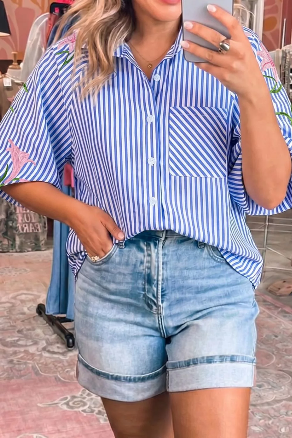 Striped Floral Embroidered Puff Sleeve Button Down Shirt, image 3