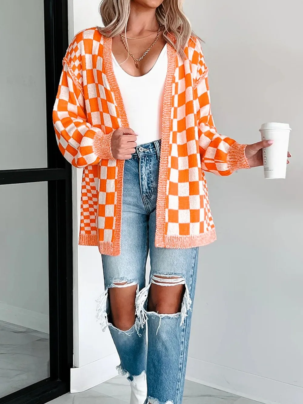 Checkered Pattern Open Front Cardigan, image 10