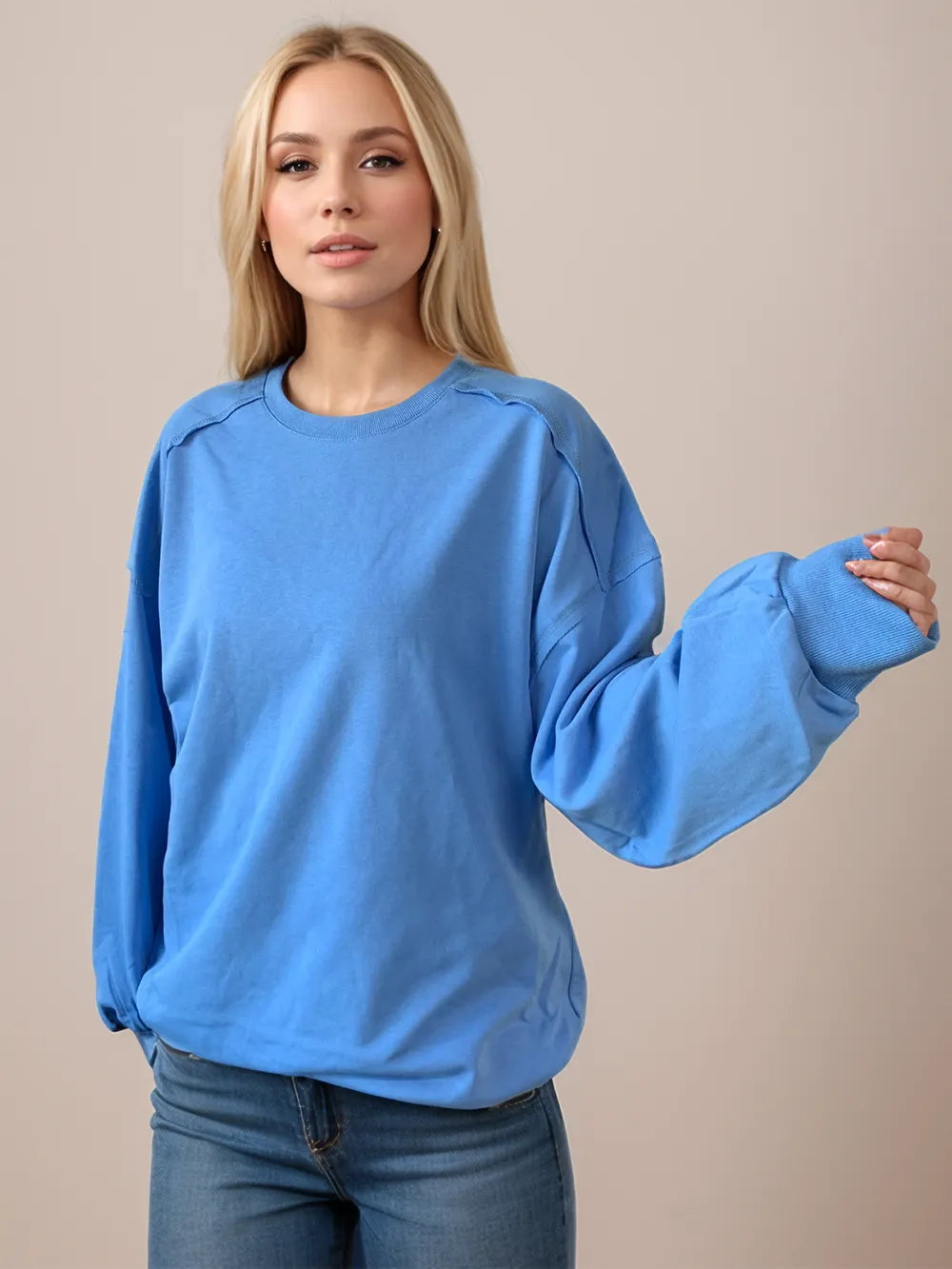 Exposed Seam Round Neck Long Sleeve Sweatshirt, image 5