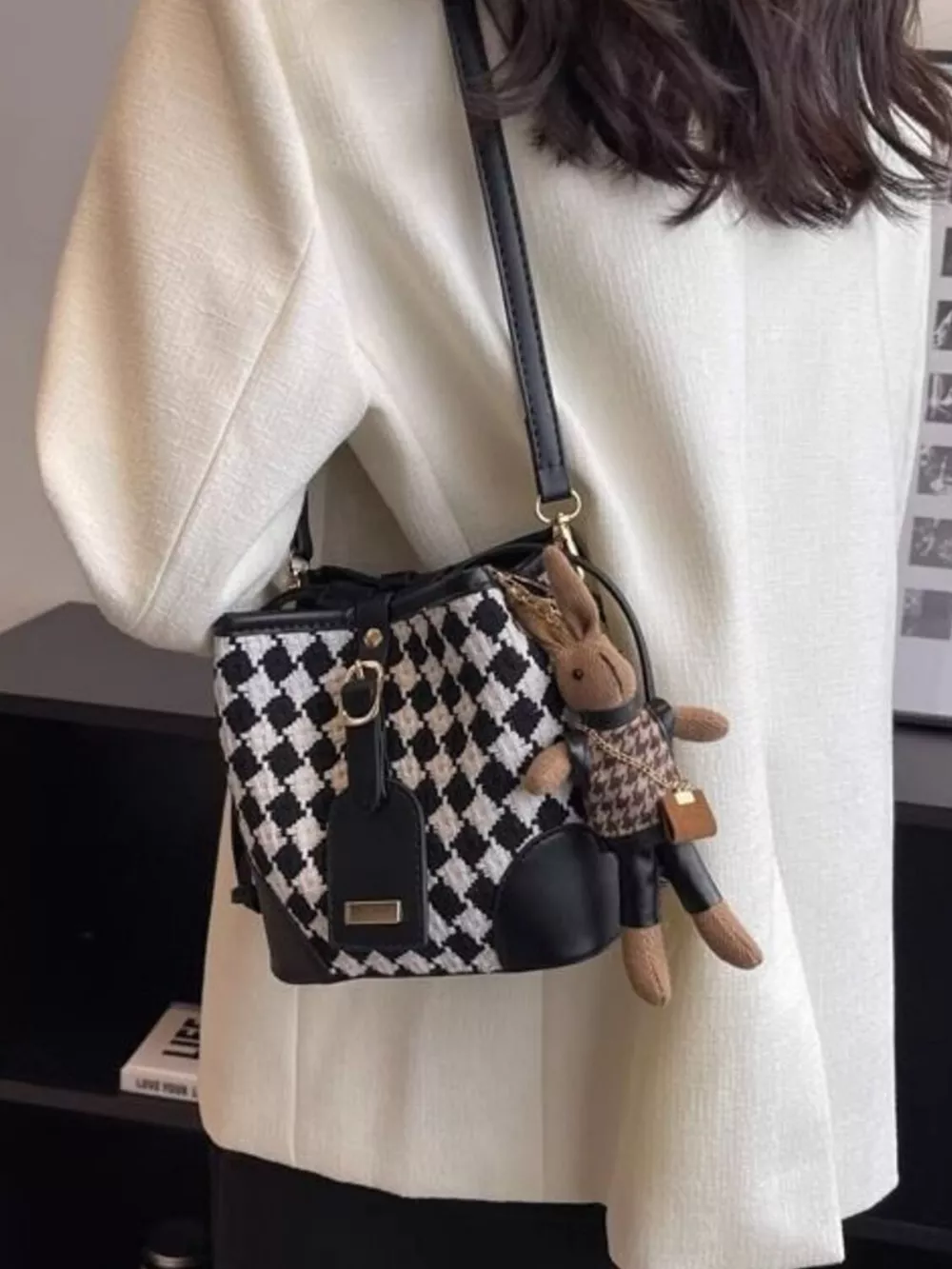 Checkerboard Pattern Bucket Crossbody Bag, image 3