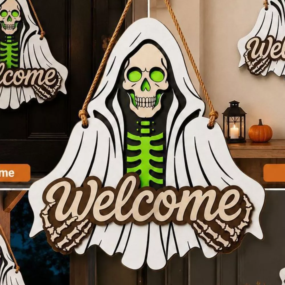Spooky Halloween Skeleton Welcome Hanging Decorative Ornament, image 3