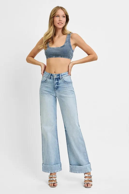 Full Size Tummy Control High Rise Ankle Wide Cuffed Jeans Plus Size, image 5