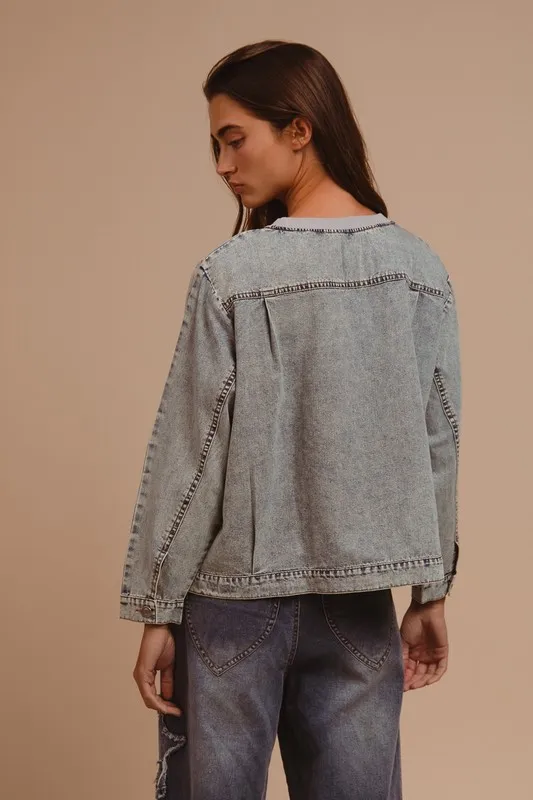 Mineral Washed Checkered Round Neck Denim Top, image 3