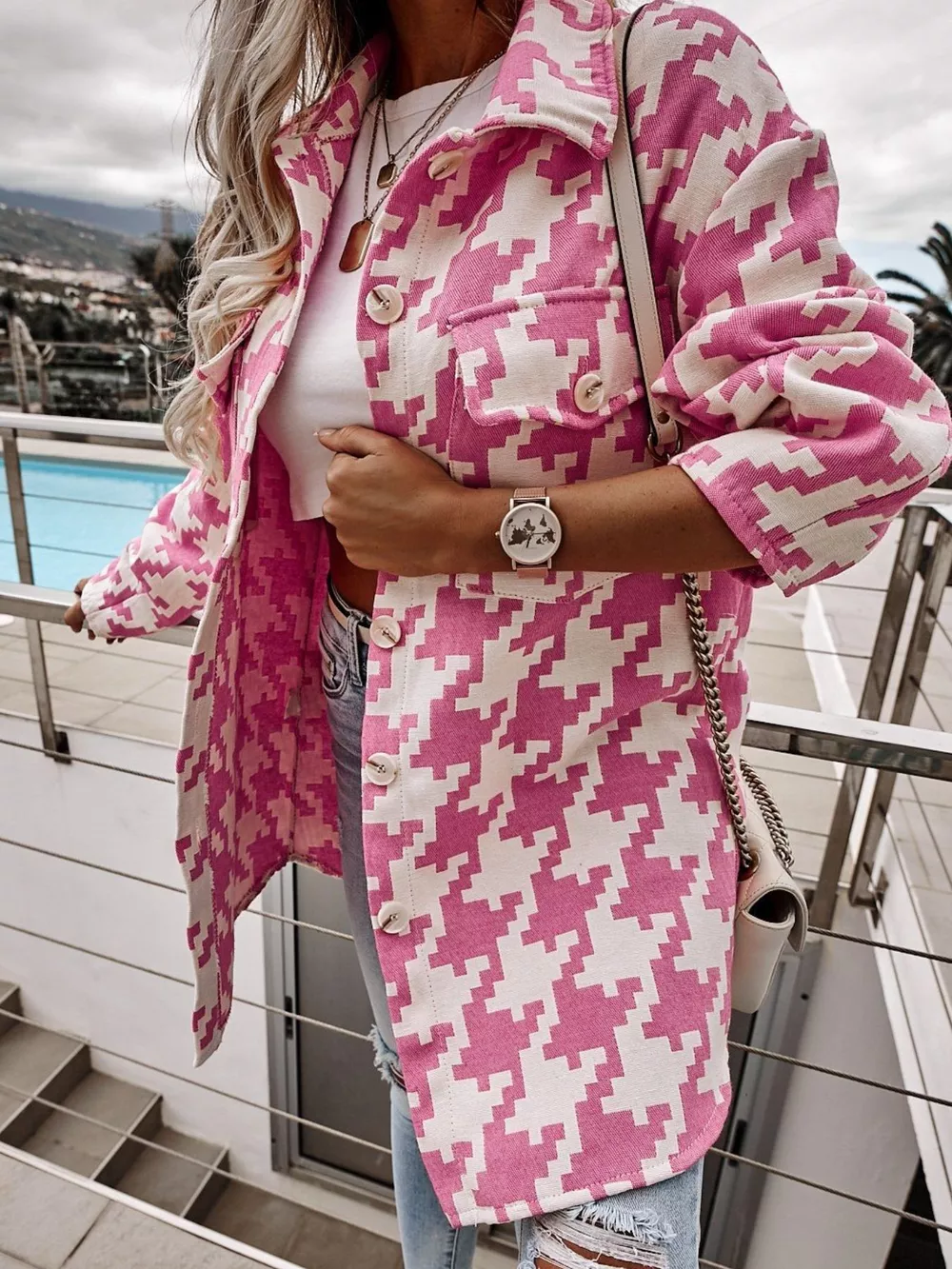 Houndstooth Button Up Long Sleeve Outerwear, image 3
