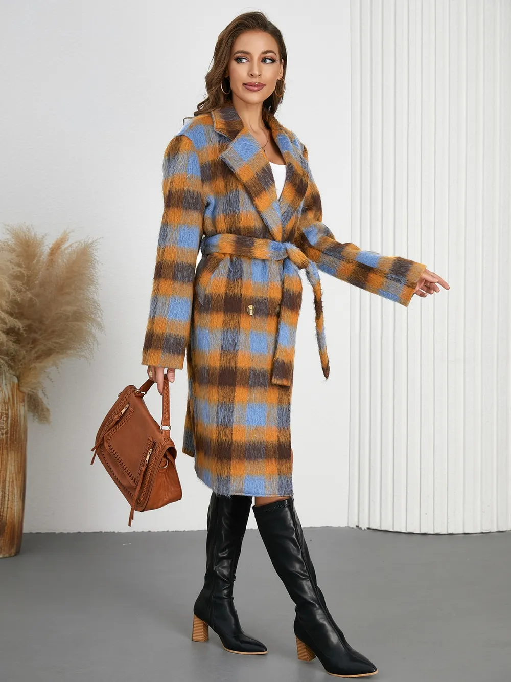 Tied Plaid Collared Neck Coat, image 5