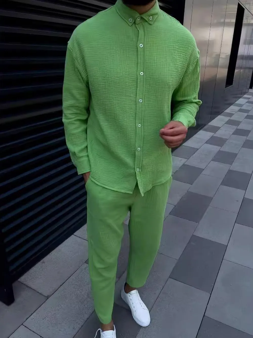 Men's Button Down Long Sleeve Shirt and Pants Set, image 3