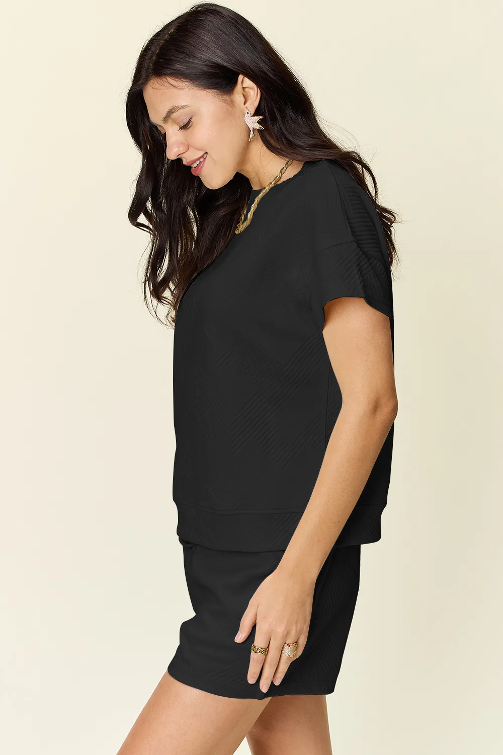 Full Size Texture Short Sleeve T-Shirt and Drawstring Shorts Set, image 36