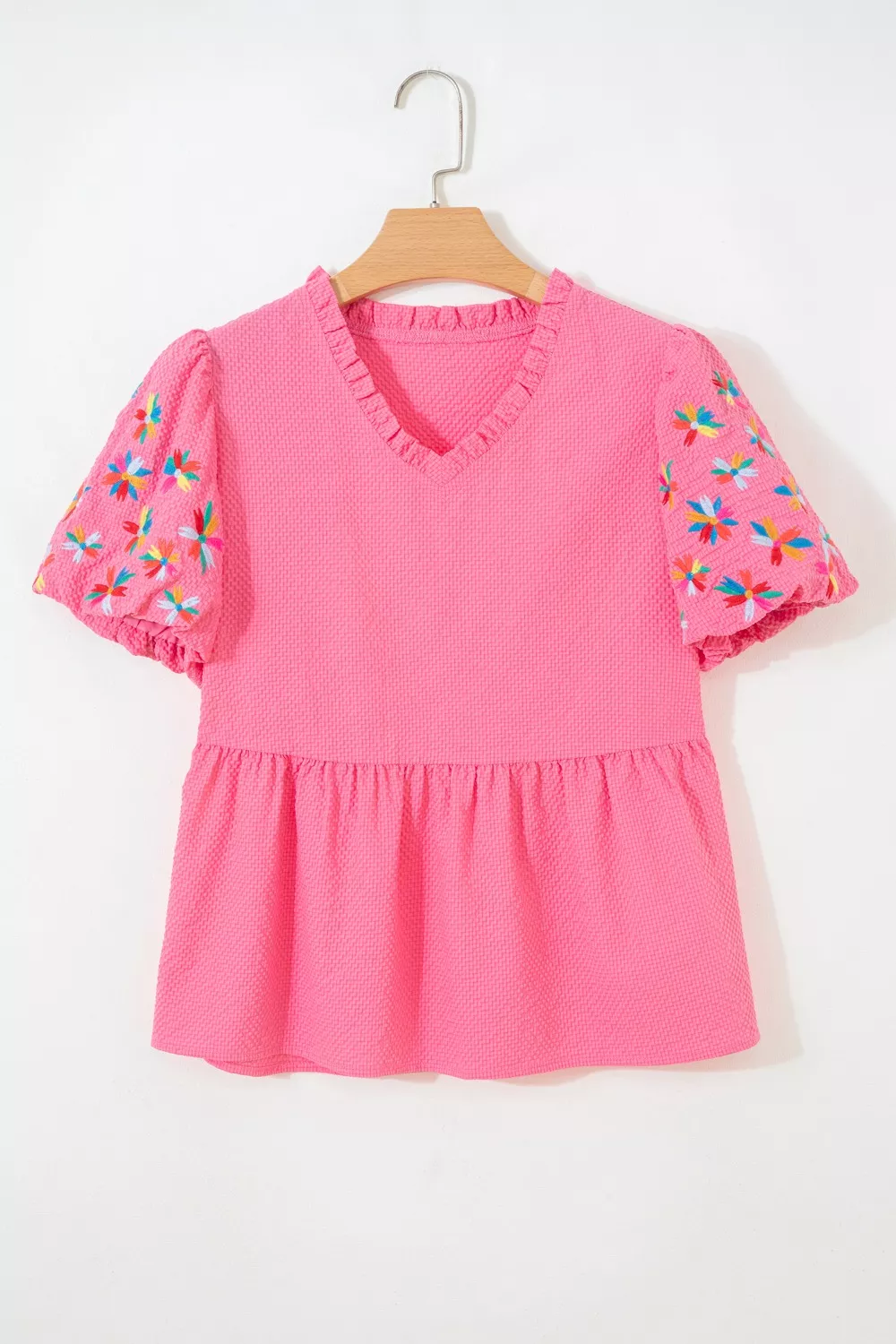 Frilled V Neck Flower Embroidered Puff Sleeve Textured Blouse, image 3