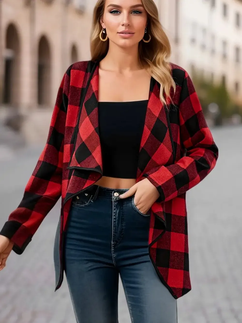 Plaid Open Front Long Sleeve Jacket, image 4