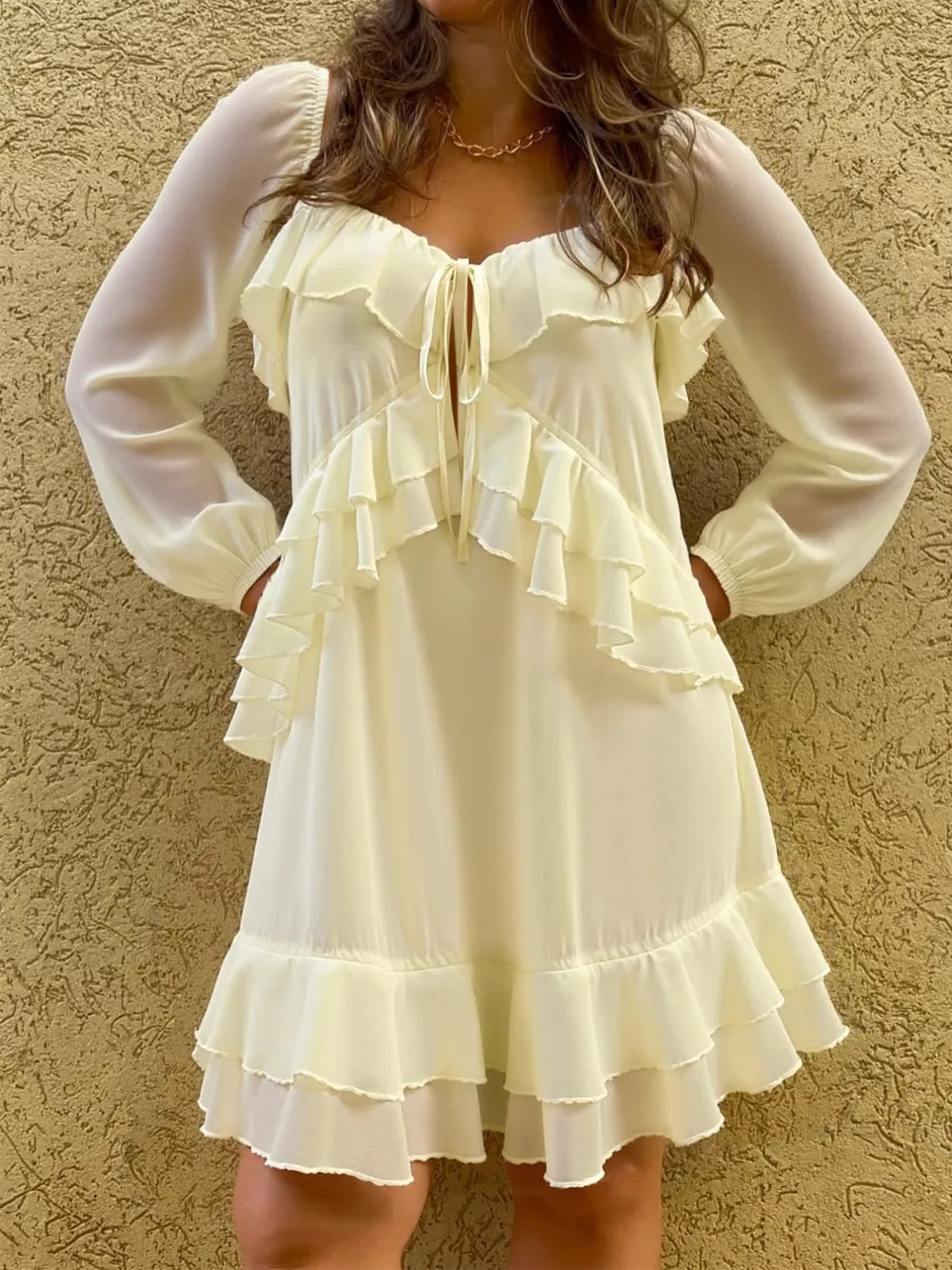 Ruffle Trimmed Long Sleeve Mini Dress