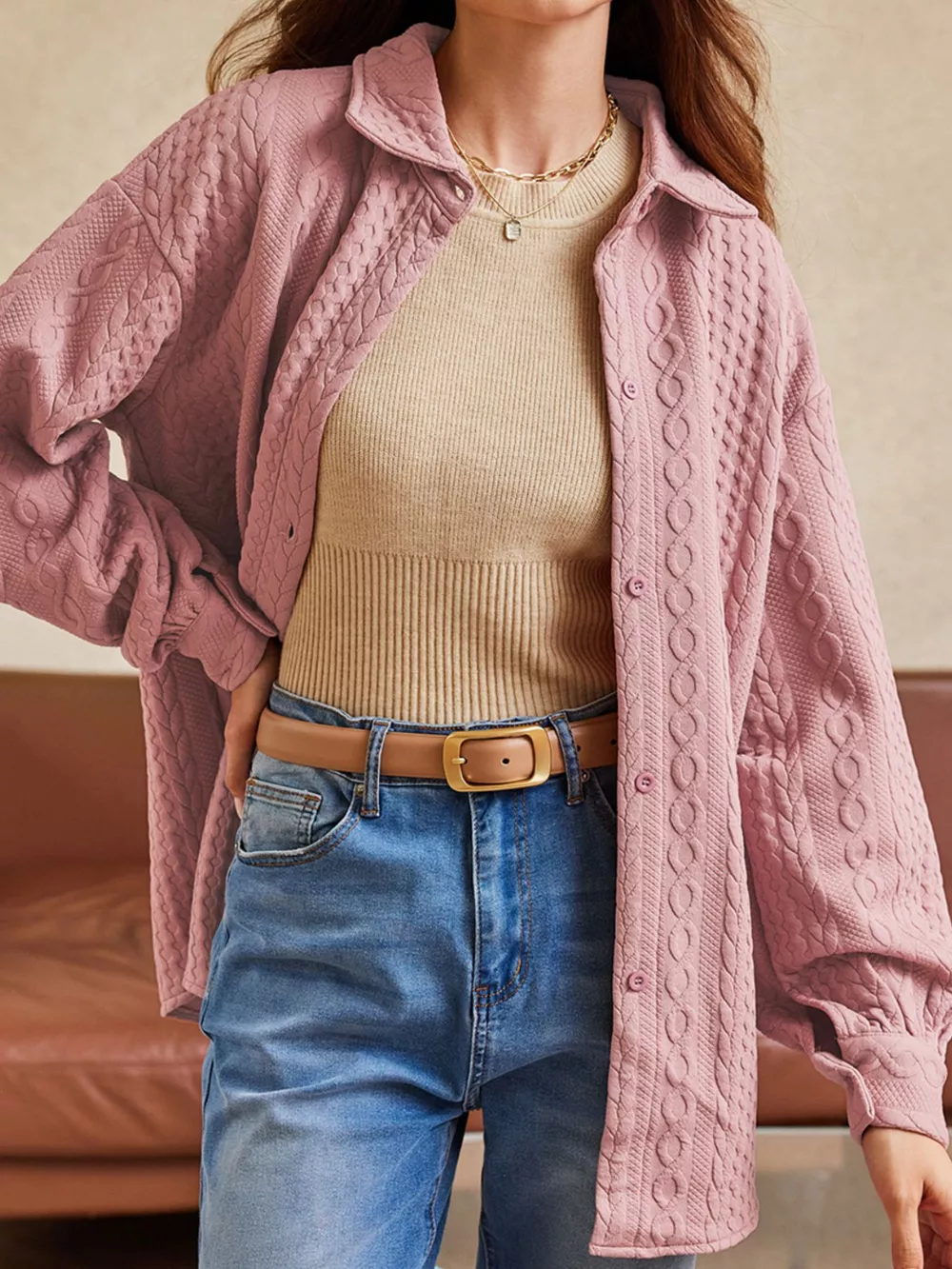 Cable Texture Puff Sleeve Loose Shacket, image 18