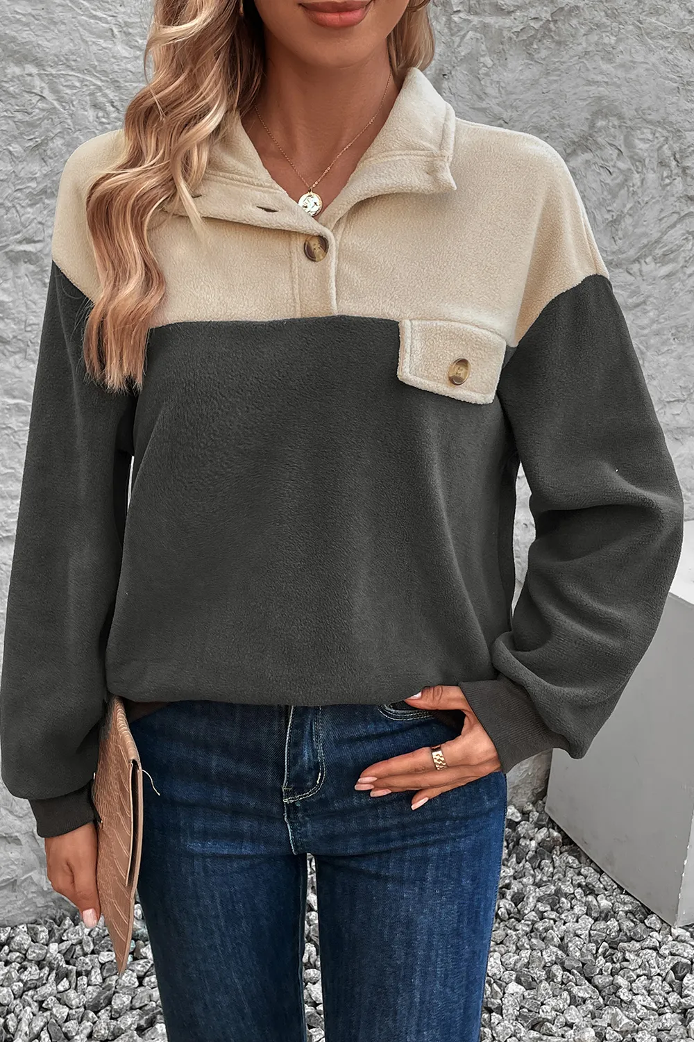 Color Block Quarter Button Dropped Shoulder Sweatshirt, image 3