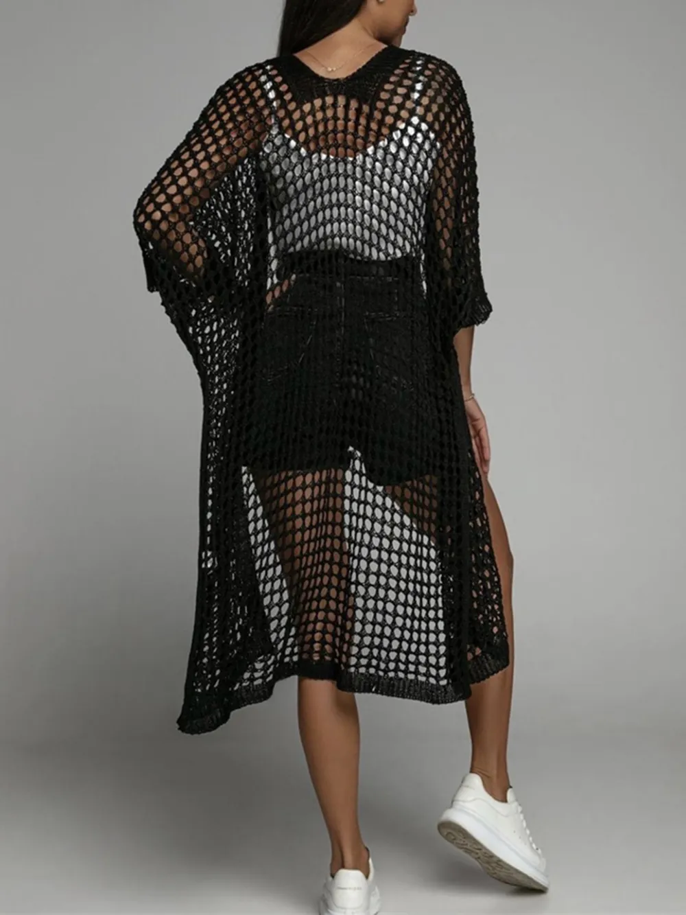 Openwork Open Front Three-Quarter Sleeve Cover Up, image 15