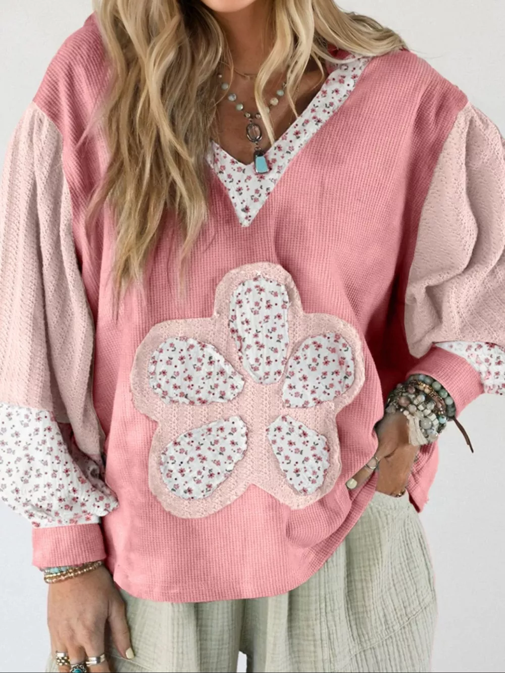 Floral Patch V-Neck Sweatshirt, image 2