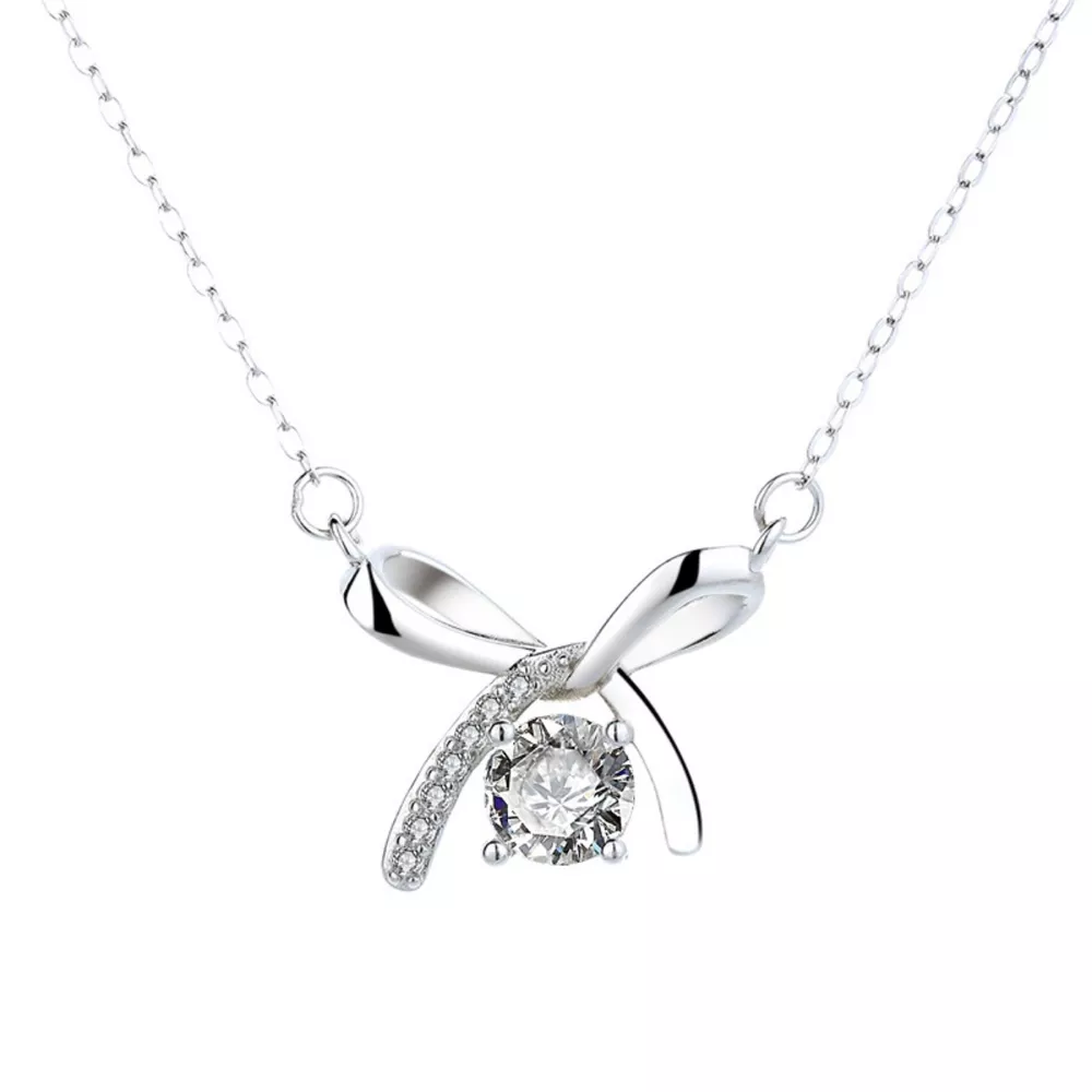 925 Sterling Silver Zircon Ribbon Pendant Necklace, image 5