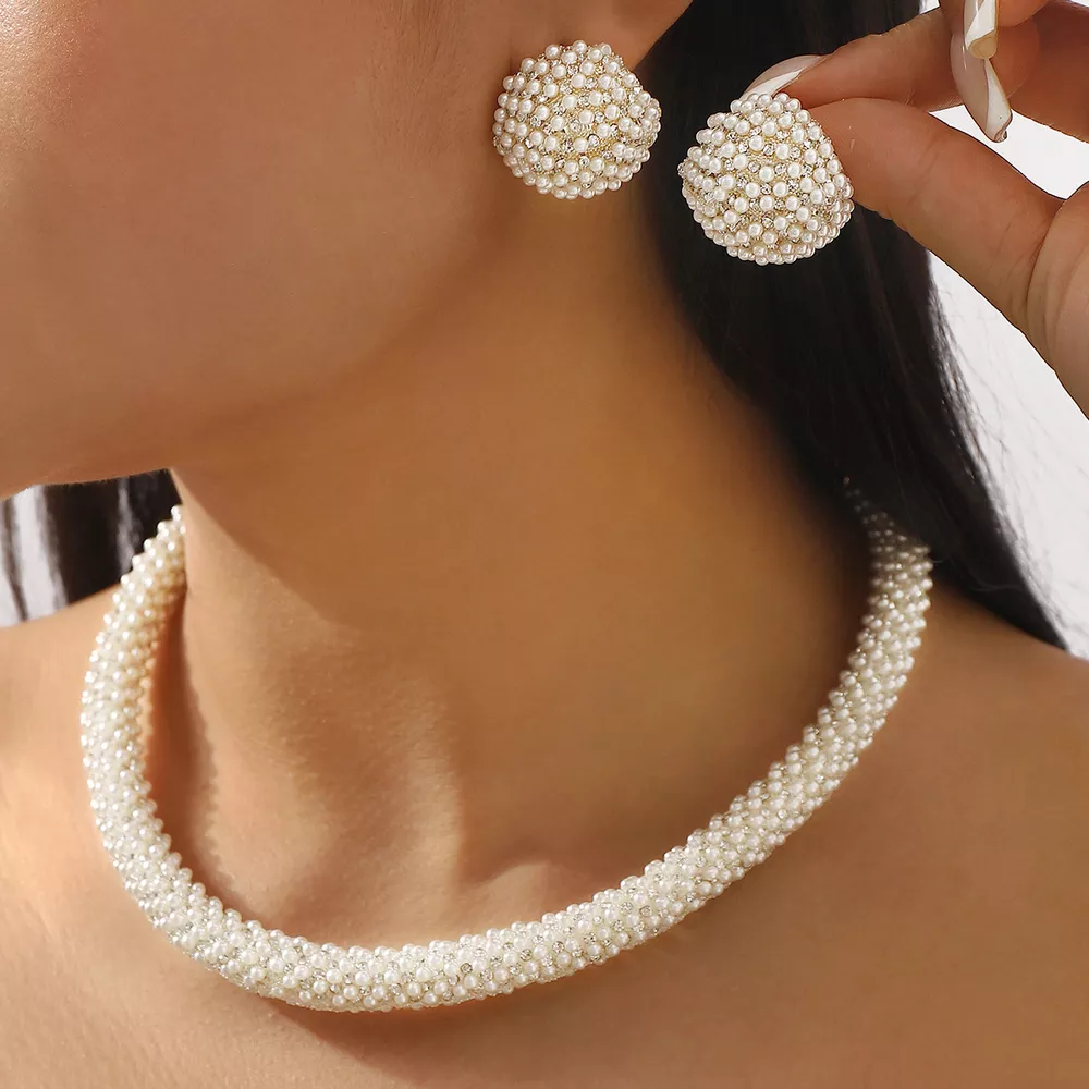 Pearl Embellished Earrings and Necklace Jewelry Set, image 4