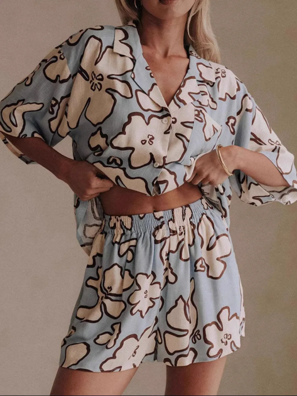 Printed Button Up Shirt and Shorts Set