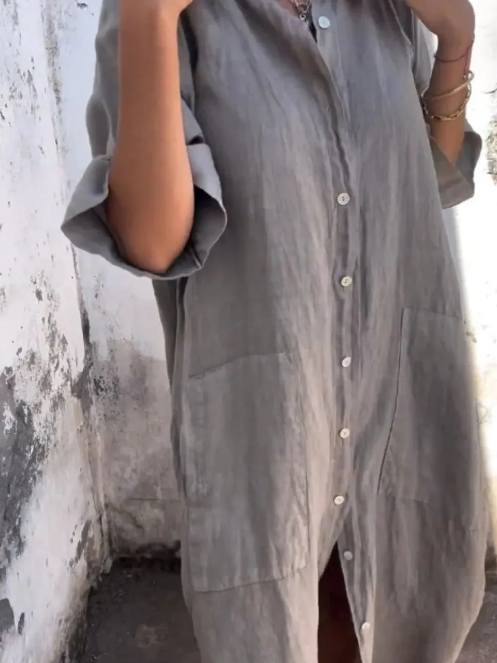 Full Size Casual Linen Button-Down Shirt Dress Plus Size, image 19