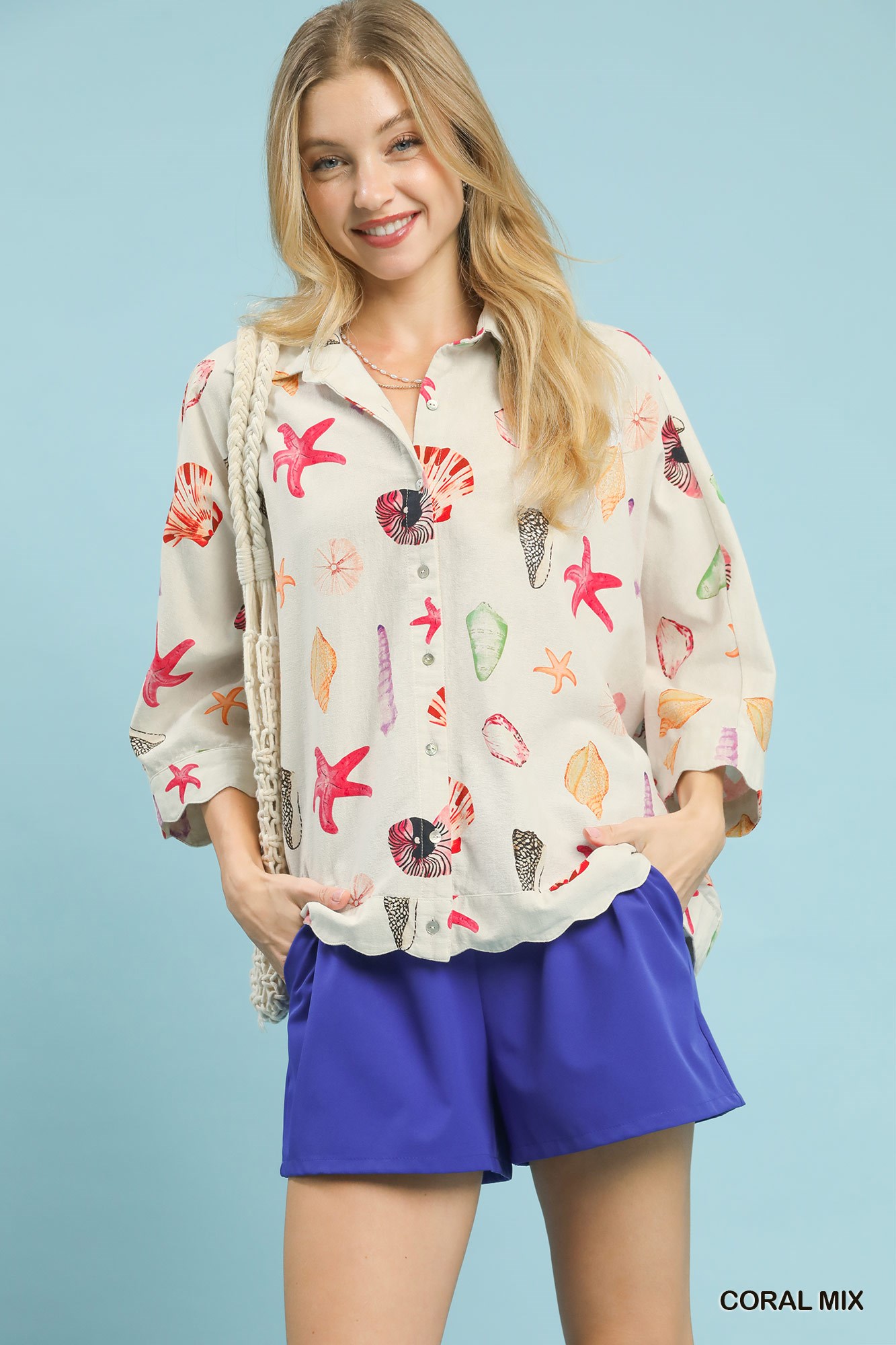 Seashell & Starfish Print Button-Down Top