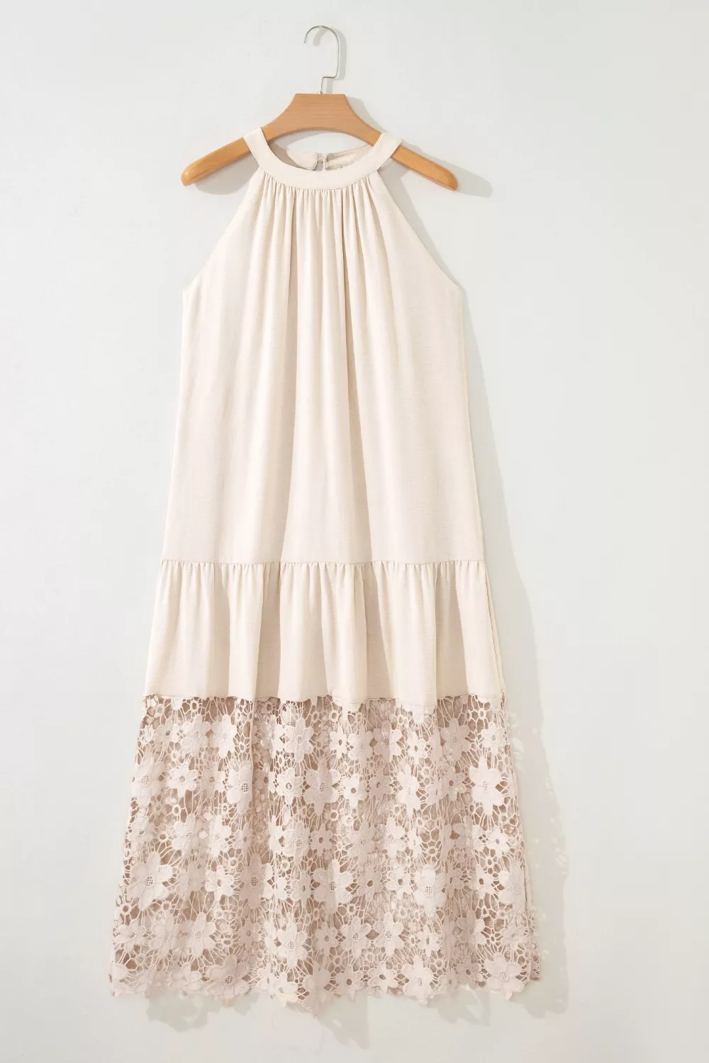 Hollowed Floral Lace Hem Patchwork Loose Halter Summer Dress, image 3