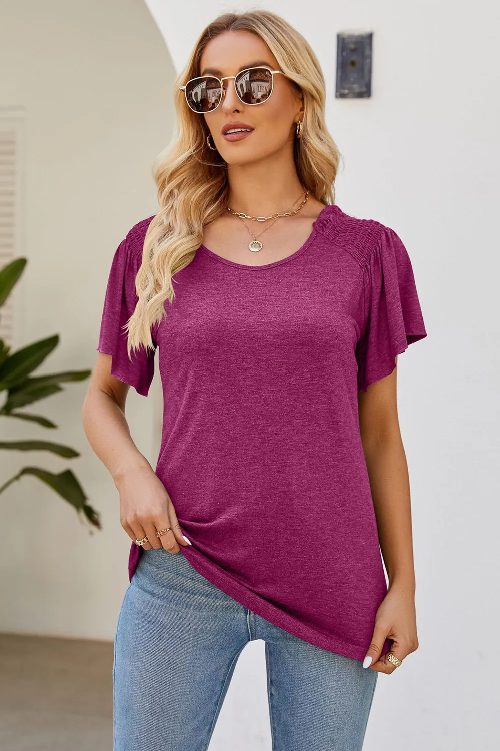 Smocked Round Neck Flutter Sleeve T-Shirt, image 14