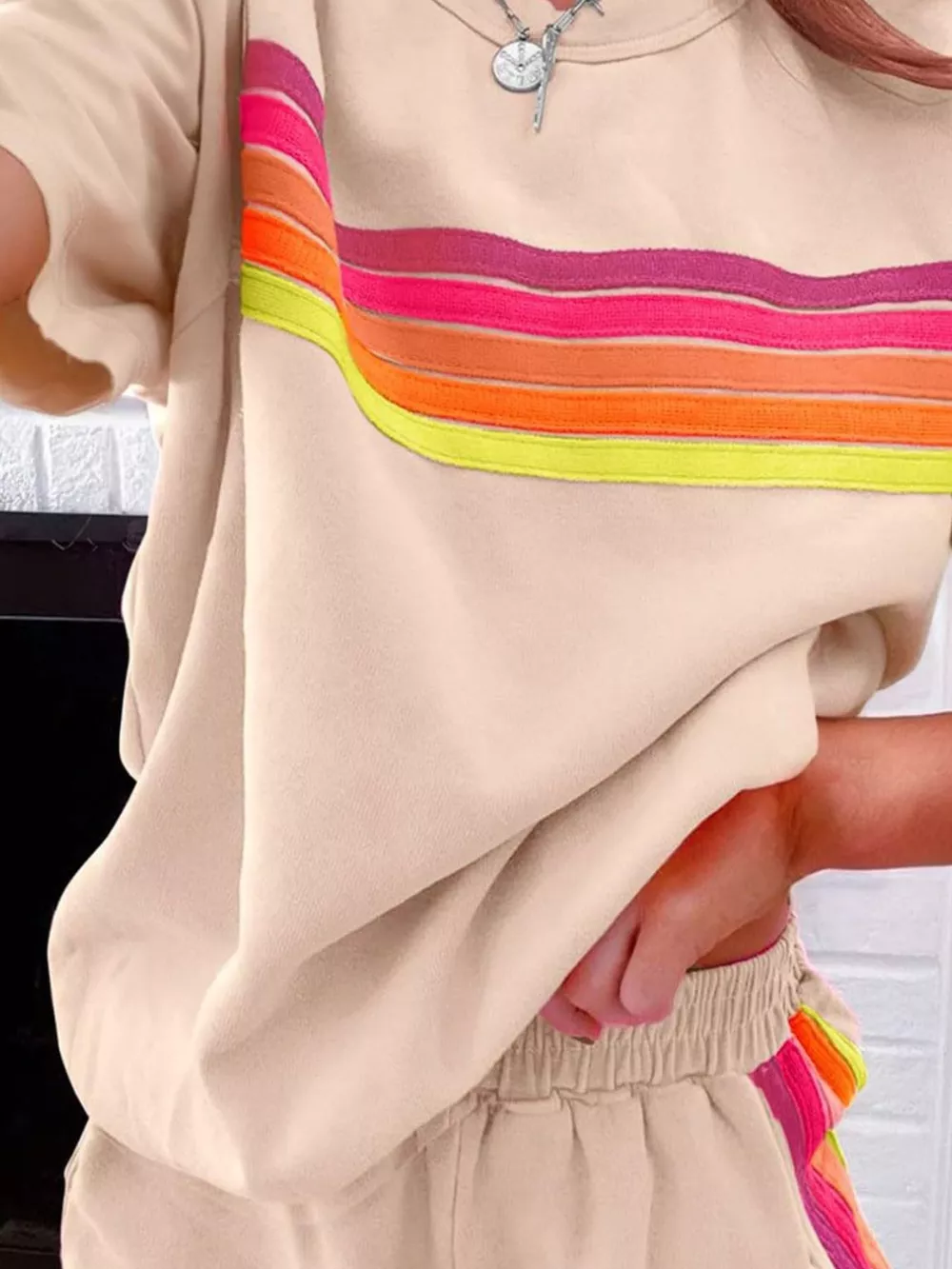 Rainbow Striped Round Neck Top and Shorts Set, image 17