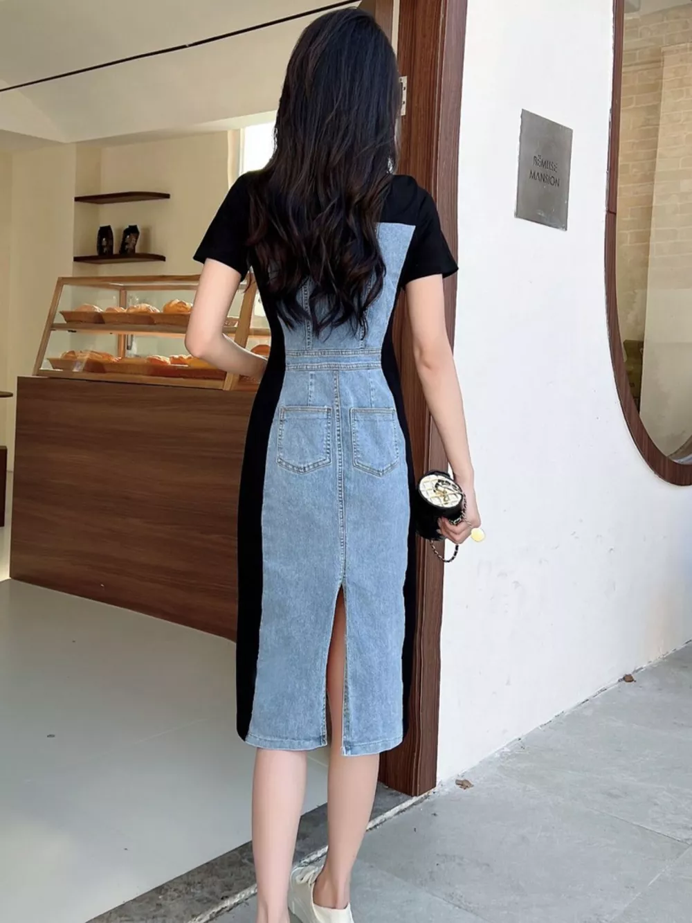 Full Size Denim Patchwork Short Sleeve Slit Back Dress Plus Size, image 4