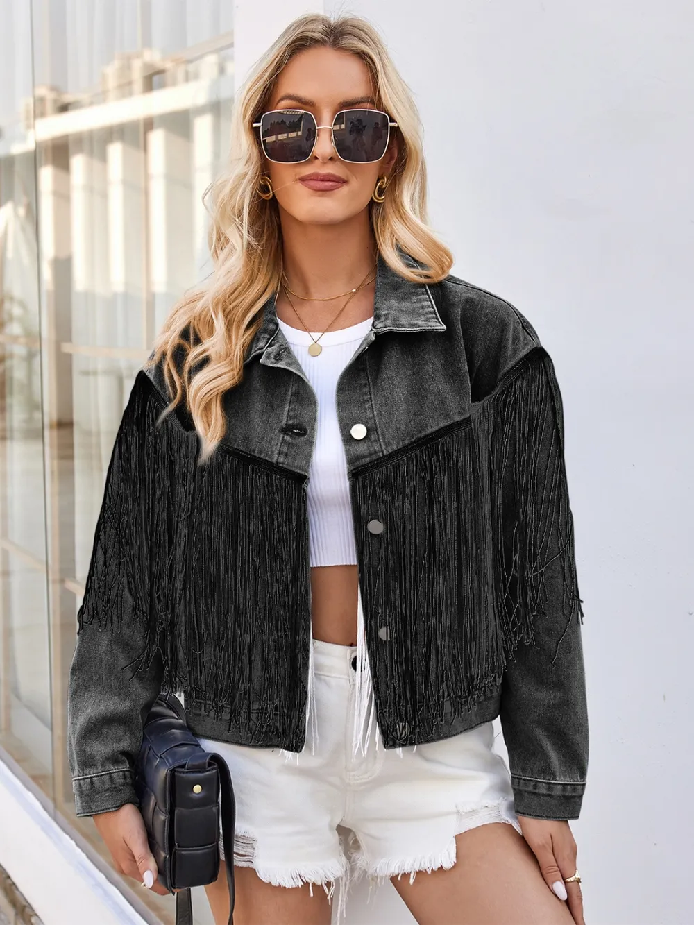 Tassel Button Up Dropped Shoulder Denim Jacket, image 7