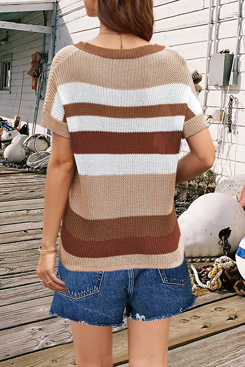 Striped Round Neck Short Sleeve Knit Top, image 9
