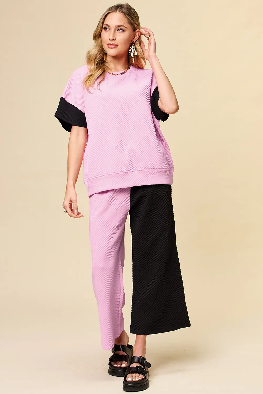 Full Size Texture Contrast T-Shirt and Wide Leg Pants Set, image 20